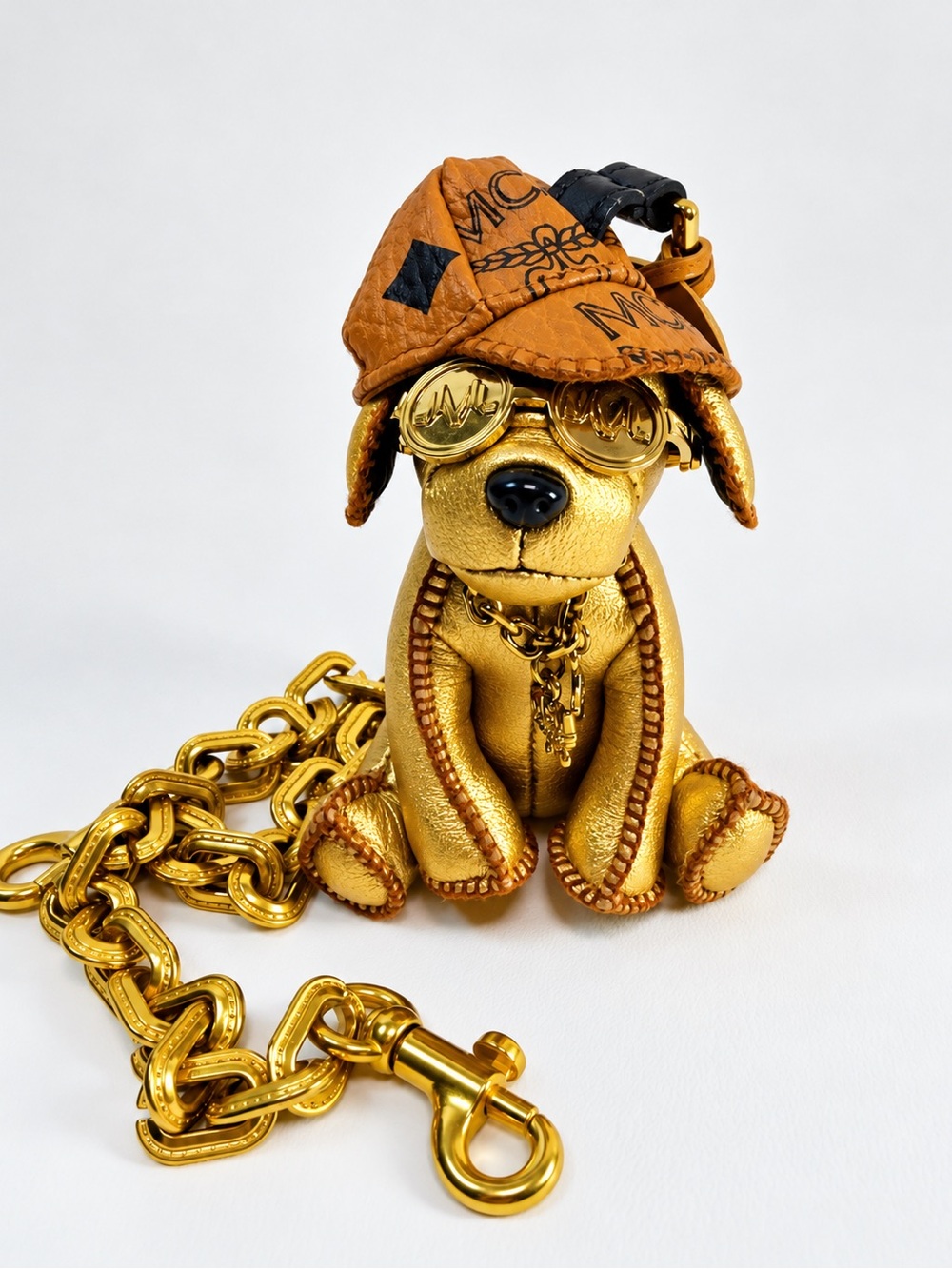 MCM Metallic Gold Dog Charm Key Ring Hiphop Visetos Hat Sunglasses Chain Rare - Picture 2 of 9